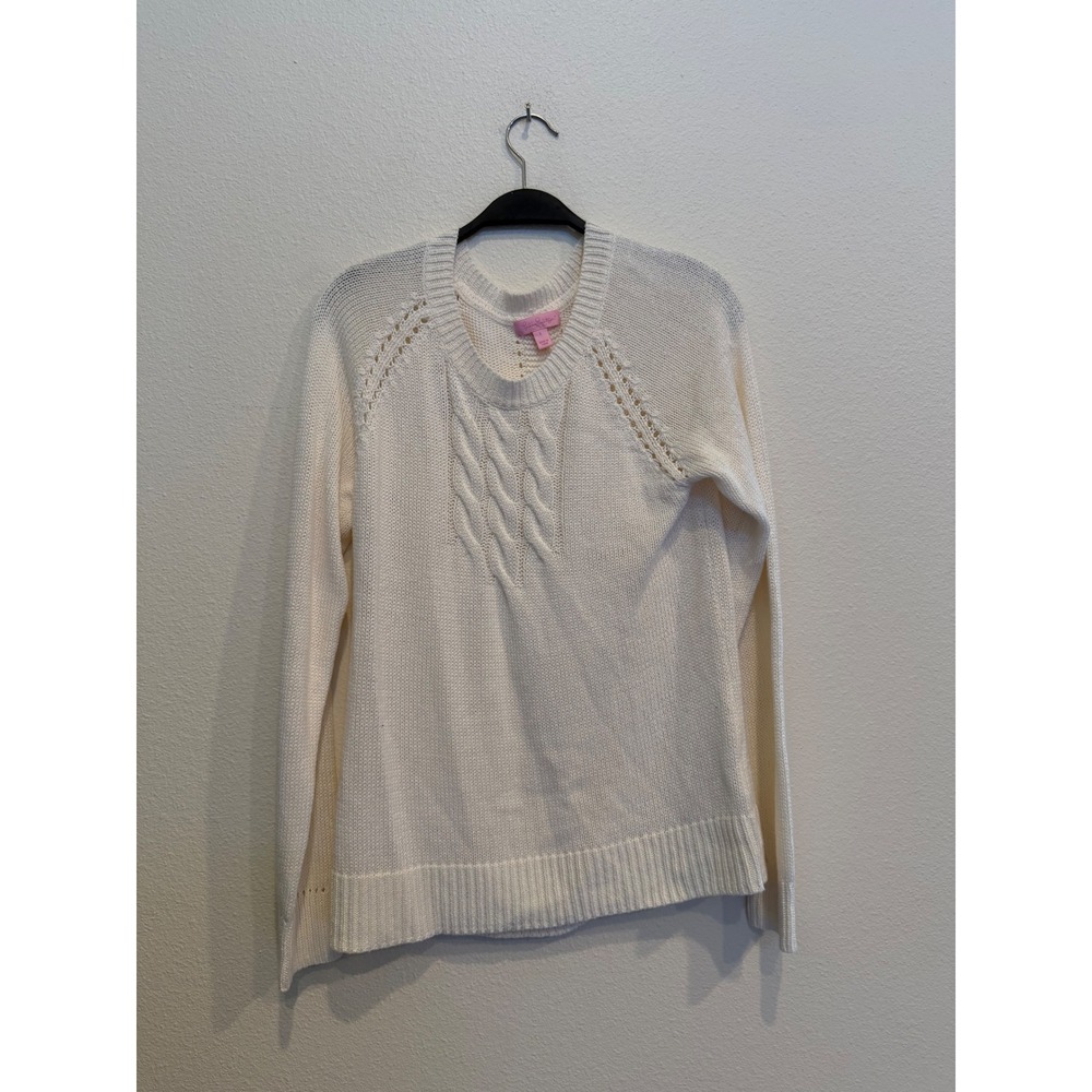 Lilly Pulitzer Cream Cable Knit Pointelle Crew Neck Sweater Womens Large